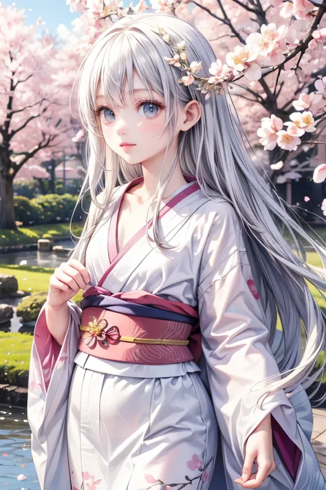 masterpiece,Highest quality,very detailed,photorealistic,realistic, ultra high resolution, Masterpiece,Pretty Girl,elegant,(small breasts),Age 15,Very long silver hair,skinny,Completely,slender,(flat chest),is very cute, kimono, Japanese kimono, Traditiona...