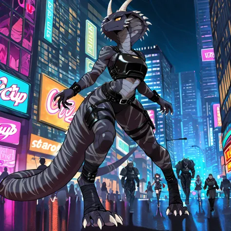 masterpiece, best quality, anime style, anime shading, full body picture, centered, alone, solo focus, 1girl, female dinosaur, cobra, vertigo, yellow eyes, black body, ((dark grey stripes)), white claws, ((horns)), digitigrade legs, overlapping chest scale...
