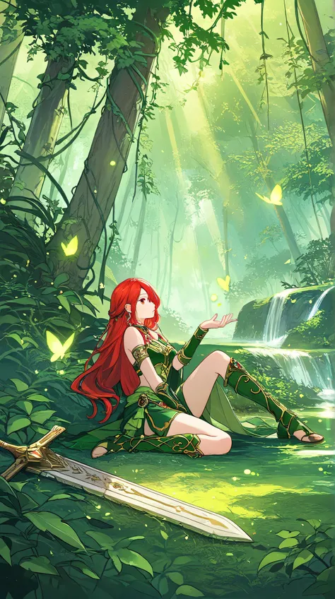 Masterpiece, Best Quality, Top Quality, Very Detailed, 1 girl, A stunning warrior with long, flowing crimson hair and piercing red eyes, resting in a mystical jungle bathed in golden light. She wears a nature-infused emerald green armor, adorned with leaf ...