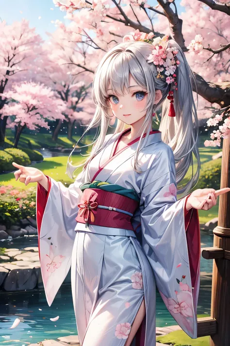 masterpiece,Highest quality,very detailed,photorealistic,realistic, ultra high resolution, Masterpiece,Pretty Girl,elegant,(small breasts),Age 15,Very long silver hair,skinny,Completely,slender,(flat chest),is very cute, kimono, Japanese kimono, Traditiona...