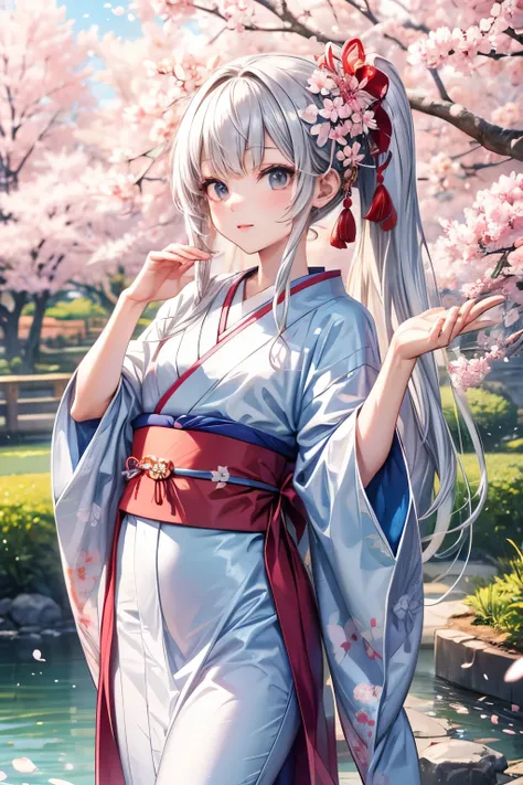 masterpiece,Highest quality,very detailed,photorealistic,realistic, ultra high resolution, Masterpiece,Pretty Girl,elegant,(small breasts),Age 15,Very long silver hair,skinny,Completely,slender,(flat chest),is very cute, kimono, Japanese kimono, Traditiona...