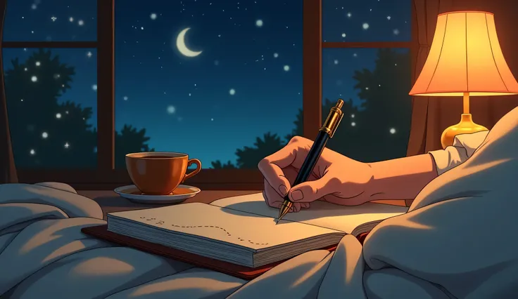 "A cozy, retro anime (Flux Style) scene of a person's hand writing in a leather-bound journal with a classic fountain pen. Warm, dim lighting from a bedside lamp casts soft shadows, creating a nostalgic, late-night atmosphere. The paper shows faint ink str...