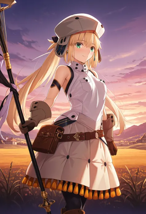 cowboy shot,(((turning around(((,high resolution, masterpiece, necessary, detail, best quality, quality, necessary, details, High details, Precise,ufotable style, ufotable anime, Castoria, long hair, Castoria_low_twintails, blonde hair, green eyes, small b...