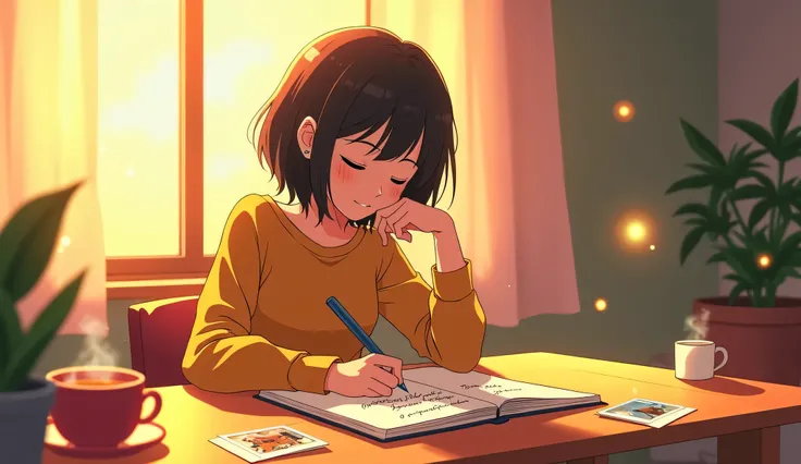 Style: Retro Anime - Flux Style (vibrant colors, soft glow, dynamic lighting, 80s-90s anime aesthetic with a modern twist)
Scene: A cozy, sunlit room with warm golden hues. A person sits at a wooden desk, writing in a notebook titled "Things I’m Grateful ...