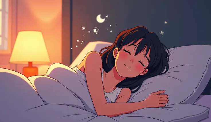 "Retro anime - Flux style illustration of a person lying in bed, eyes gently closed, taking slow, deep breaths. The room is softly lit with warm, muted tones, evoking a serene atmosphere. The character has a calm, peaceful expression, with subtle motion li...