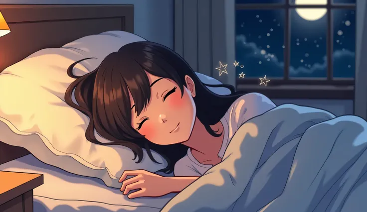 "Retro anime - Flux style illustration of a person lying in bed, eyes gently closed, taking slow, deep breaths. The room is softly lit with warm, muted tones, evoking a serene atmosphere. The character has a calm, peaceful expression, with subtle motion li...
