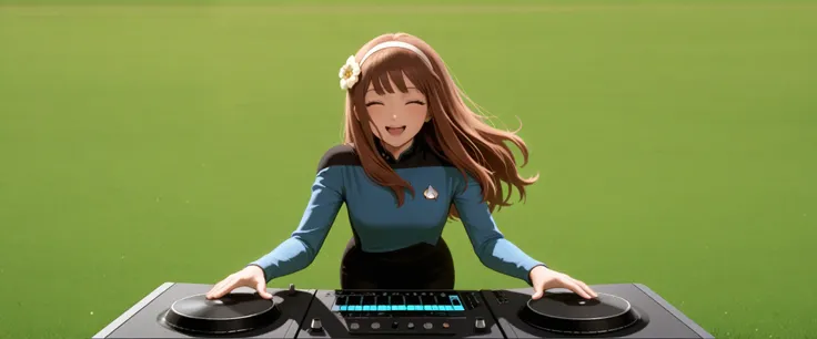 masterpiece,best quality,
,solo,,hairband , brown hair,long hair,bangs,in a garden,flower in hair,green grass,sun,happy, DJ, DJing at rave, TNG blue uniform,black pants ,