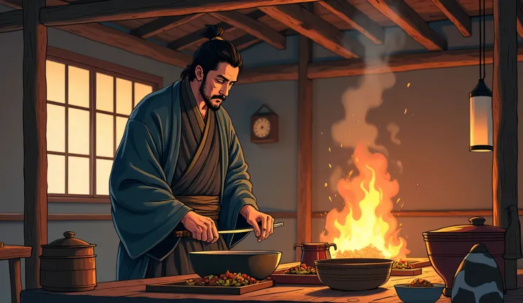 A samurai is cooking inside his small hut. Style: Retro anime, 80s anime