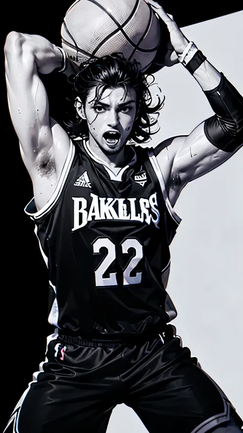 (black, monochrome background:1.4), ultra detailed, 8K high resolution, ultra detailed illustration, sharp shadows, highest quality, upper arms, shiny skin, navel, intense action, making dynamic feints while dribbling a basketball, muscular, sports athlete...