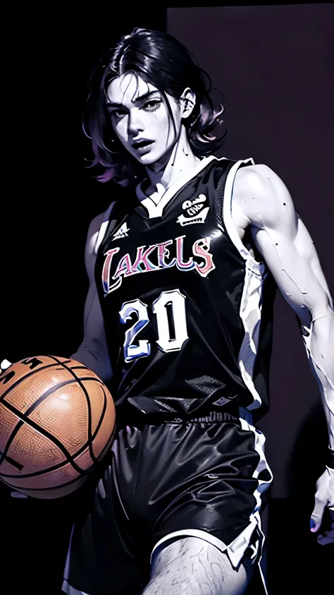 (black, monochrome background:1.4), ultra detailed, 8K high resolution, ultra detailed illustration, sharp shadows, highest quality, upper arms, shiny skin, navel, intense action, making dynamic feints while dribbling a basketball, muscular, sports athlete...