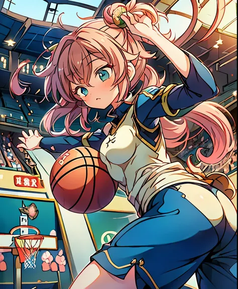( masterpiece、 Highest quality、 Highest quality、Official Art、  beautiful and beautiful  :1.2)、(one girl from before the evening:1.3)  ,、Light green twin-tail, beautiful breasts,Only one female, ( dynamic posing in front of a cherry tree:1.2), /(basketball ...