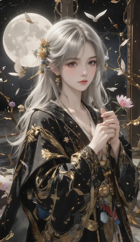 Get ready to immerse yourself in the enchanting world of Renaissance Slavic portraits , visible brushstrokes 、Bringing life to an impressive depiction of a young woman with silver hair and a constellation-patterned robe 。. while watching the surrounding...