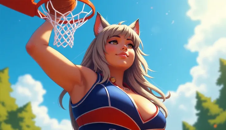 Mature female furry,MILF fur,Anime basketball,LAY UP SHOOT,force,sweat,Water Drop,oil Underboob,dog girl, dog ears, small breasts, neck bell, right brown eyes, long hair, messy hair , cleavage, floating hair, happy, closed eyes, with puppy, tank top, crop ...