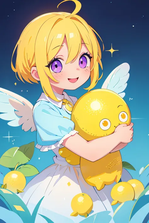 (main part, Best quality at best:1.2), Sparkling and sparking highlights in their eyes, curious expressions,1 girl, Yellow hair color, blue inner color design on collar. Angel rings. Angel. Sparkling eyes. big white hair, a purple eye, An innocent and happ...