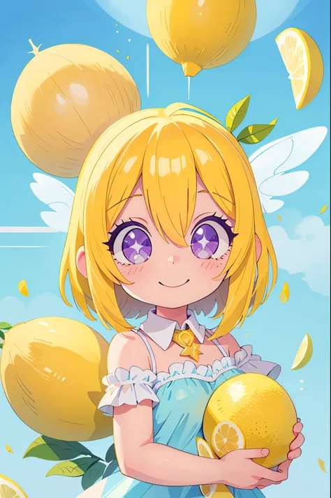 (main part, Best quality at best:1.2), Sparkling and sparking highlights in their eyes, curious expressions,1 girl, Yellow hair color, blue inner color design on collar. Angel rings. Angel. Sparkling eyes. big white hair, a purple eye, An innocent and happ...