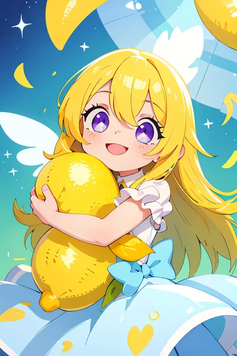 (main part, Best quality at best:1.2), Sparkling and sparking highlights in their eyes, curious expressions,1 girl, Yellow hair color, blue inner color design on collar. Angel rings. Angel. Sparkling eyes. big white hair, a purple eye, An innocent and happ...