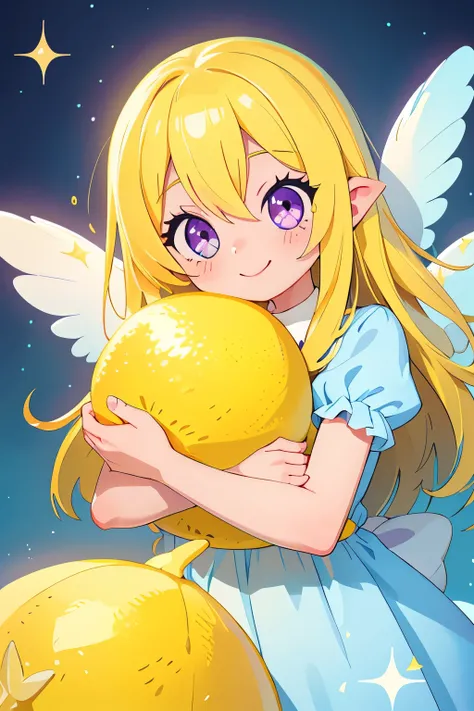 (main part, Best quality at best:1.2), Sparkling and sparking highlights in their eyes, curious expressions,1 girl, Yellow hair color, blue inner color design on collar. Angel rings. Angel. Sparkling eyes. big white hair, a purple eye, An innocent and happ...