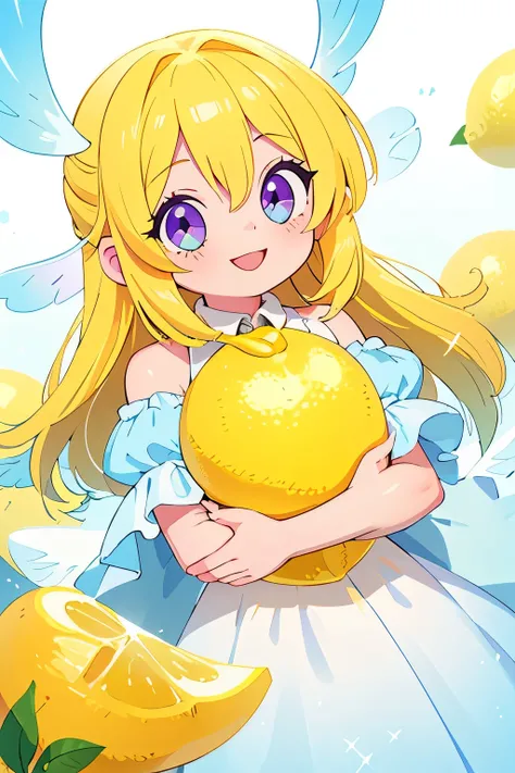 (main part, Best quality at best:1.2), Sparkling and sparking highlights in their eyes, curious expressions,1 girl, Yellow hair color, blue inner color design on collar. Angel rings. Angel. Sparkling eyes. big white hair, a purple eye, An innocent and happ...