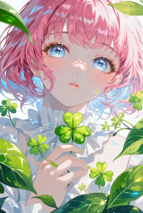 (EyesHD:1.2), masterpiece, best quality, ultra-detailed, very sharp focus, best lighting, detailed illustration, detailed background, cinematic, beautiful face,beautiful eyes,

1girl,(((pink short hair))),(((blue  eyes))),
((hold a three-leaf clover)),arou...