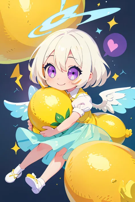(main part, Best quality at best:1.2), Sparkling and sparking highlights in their eyes, curious expressions,1 girl, Yellow hair color, blue inner color design on collar. Angel rings. Angel. Sparkling eyes. big white hair, a purple eye, An innocent and happ...
