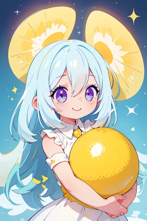 (main part, Best quality at best:1.2), Sparkling and sparking highlights in their eyes, curious expressions,1 girl, Yellow hair color, blue inner color design on collar. Angel rings. Angel. Sparkling eyes. big white hair, a purple eye, An innocent and happ...
