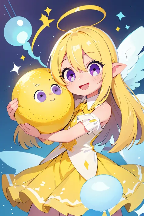 (main part, Best quality at best:1.2), Sparkling and sparking highlights in their eyes, curious expressions,1 girl, Yellow hair color, blue inner color design on collar. Angel rings. Angel. Sparkling eyes. big white hair, a purple eye, An innocent and happ...