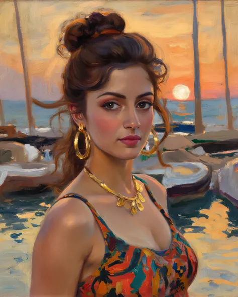 Impressionist Impasto painting of a beautiful woman with brunette hair high on her head and cascading down past her cheeks and shoulders, gold double-hoop earrings, Inca-inspired gold necklace, perfect almond-shaped brown eyes, looking towards the artist, ...