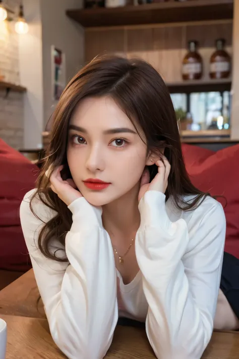 ((Masterpiece, high quality, super detailed, 4k, RAW Photo)), 1 girl, wavy hair, ((brown ombre hair)), Perfect face, thin face, ((lying silkworm eyes)), shinny skin, long sleeve t-shirt, in the coffee shop, look at the camera, slim body, perfect eyes, big ...