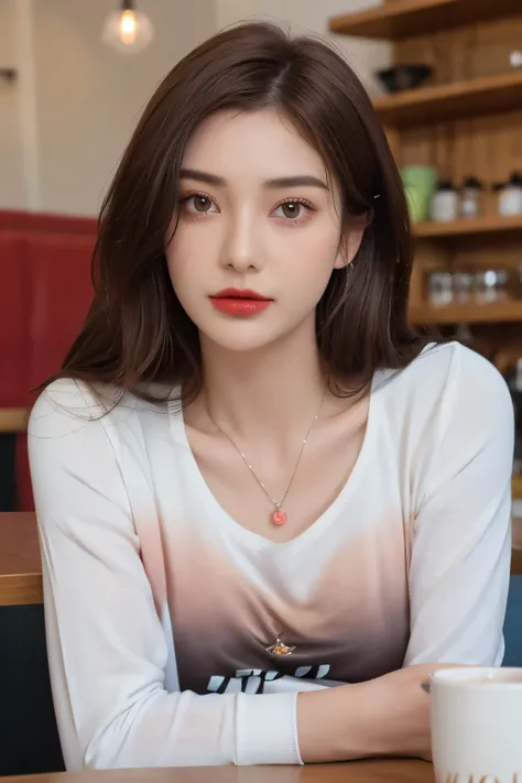 ((Masterpiece, high quality, super detailed, 4k, RAW Photo)), 1 girl, wavy hair, ((brown ombre hair)), Perfect face, thin face, ((lying silkworm eyes)), shinny skin, long sleeve t-shirt, in the coffee shop, look at the camera, slim body, perfect eyes, big ...