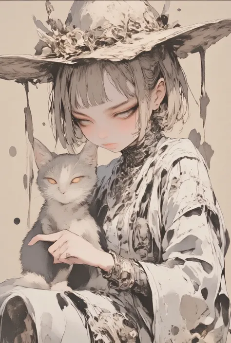 Ink painting、Old Paper Texture、 Damaged Paper 、old style 、faded colors、((Beautiful girl playing with a cat、smile:2.0))、Ink paintingの絵画、ArsMJStyle, Zen Ink Wash Sumi-e、rough stroke anime、Highest quality、D4rkCyb3rDyn34n1m3 style、