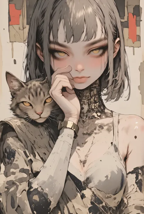 Ink painting、Old Paper Texture、 Damaged Paper 、old style 、faded colors、((Beautiful girl playing with a cat、smile:2.0))、Accurate Cat 、Ink paintingの絵画、ArsMJStyle, Zen Ink Wash Sumi-e、rough stroke anime、Highest quality、D4rkCyb3rDyn34n1m3 style、