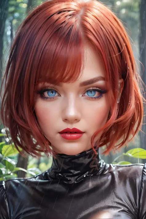 (Perfect Face, Short Cut Smooth Hair, Bright Red Hair, Black Thin Eyebrows, Blue Eyes, Purple Eyeshadows, Black Eyeliners, Blushing, Bright Red Thick Lips, Beautiful Woman) Forest, Cloud, Rain