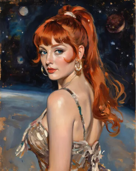 Sci-Fi Jet Set Impressionist Impasto painting of beautiful woman, red hair with bangs and pulled back into a long ponytail high on her head, hoop earrings, almond-shaped blue eyes, looking towards the artist, modeling pose, shoulder back to bring attention...