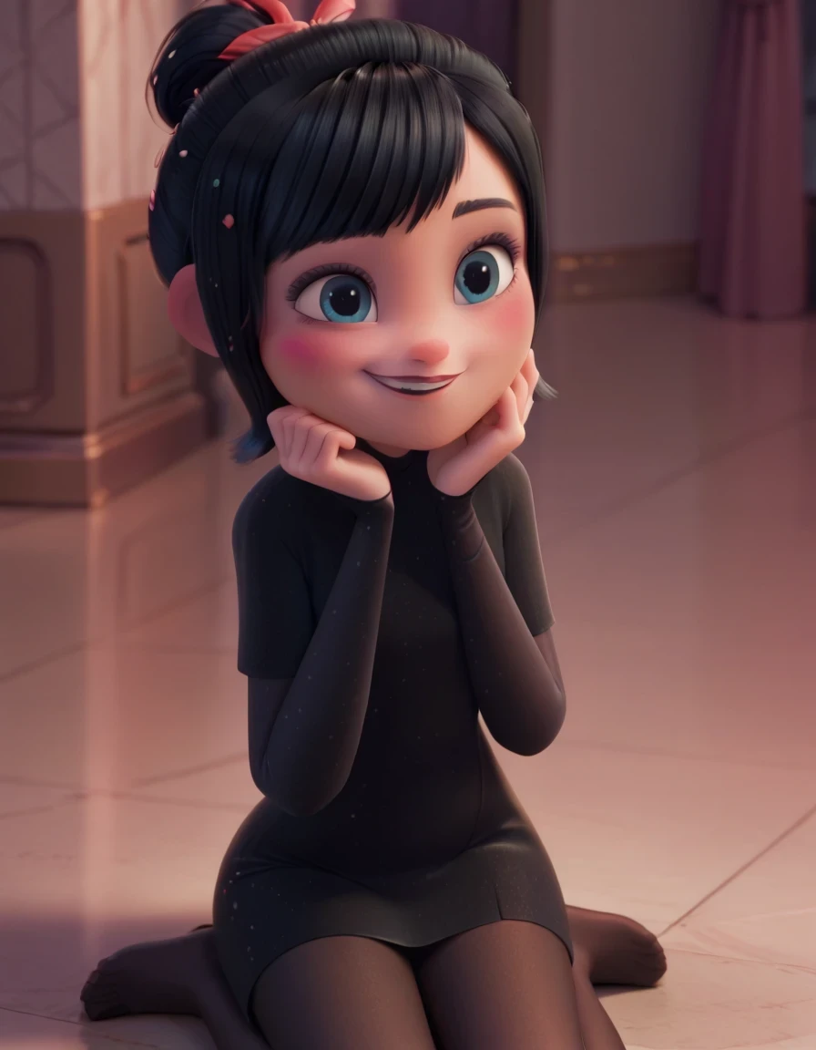 Mavis dracula, Bblack hair, blue colored eyes, blush, corner smile, black straight dress, black pantyhose with stripes, sitting down, front, pose, best qualityer