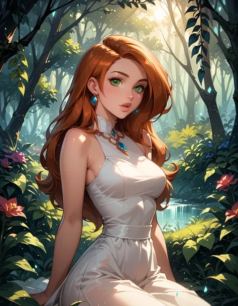 score_9, score_8_up, score_7_up, cinematic film still, 1girl, solo, very sexy kim possible, hair over shoulder, white dress, sleeveless, bare shoulders, filled lips, thick lips, OverallDetail, kneeling, in beautiful mythical forest, fantasy, flower, gem, g...