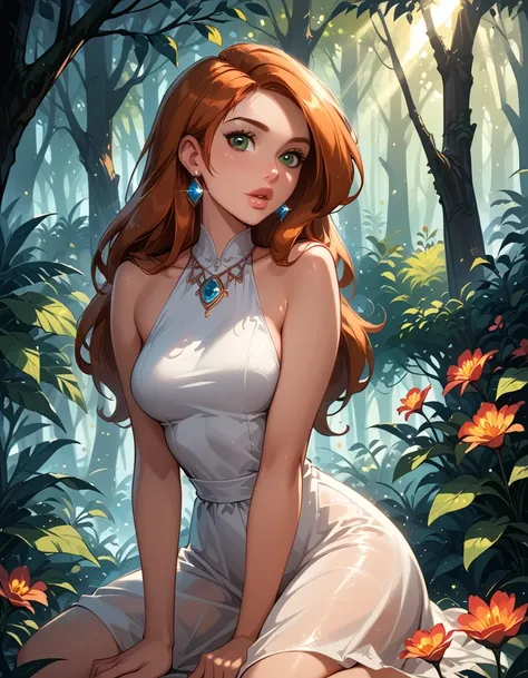 score_9, score_8_up, score_7_up, cinematic film still, 1girl, solo, very sexy kim possible, hair over shoulder, white dress, sleeveless, bare shoulders, filled lips, thick lips, OverallDetail, kneeling, in beautiful mythical forest, fantasy, flower, gem, g...