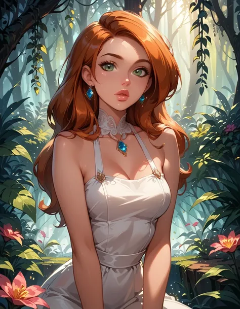score_9, score_8_up, score_7_up, cinematic film still, 1girl, solo, very sexy kim possible, hair over shoulder, white dress, sleeveless, bare shoulders, filled lips, thick lips, OverallDetail, kneeling, in beautiful mythical forest, fantasy, flower, gem, g...