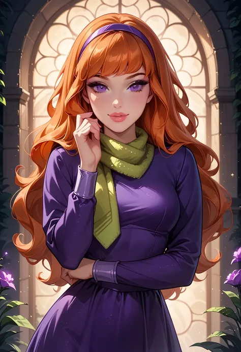 score_9, score_8_up, score_7_up, cinematic film still, solo, 1girl, very sexy (EPsbdDaphne, orange hair, long hair, purple eyes, purple hairband, green scarf, short purple dress, long sleeves:1.3), beautiful waifu, thicc, flirt, gaze, sexy look, half-close...