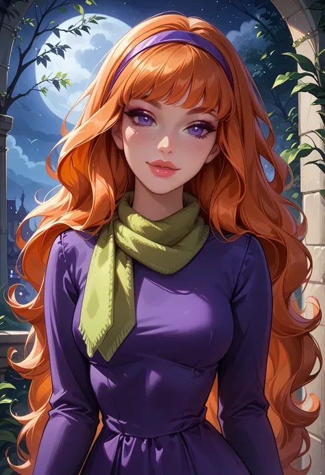 score_9, score_8_up, score_7_up, cinematic film still, solo, 1girl, very sexy (EPsbdDaphne, orange hair, long hair, purple eyes, purple hairband, green scarf, short purple dress, long sleeves:1.3), beautiful waifu, thicc, flirt, gaze, sexy look, half-close...