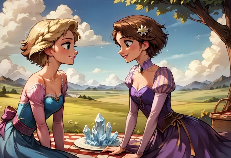 Score_9, score_8_up, score_7_up, rating_safe, source_comic, detailed soft lighting, 2girls, BREAK, Elsa from Frozen, (blonde hair, braid, ice blue dress:1.3), BREAK, Rapunzel from Tangled, (brown hair, short hair, purple dress:1.5), BREAK yuri, girlfriends...