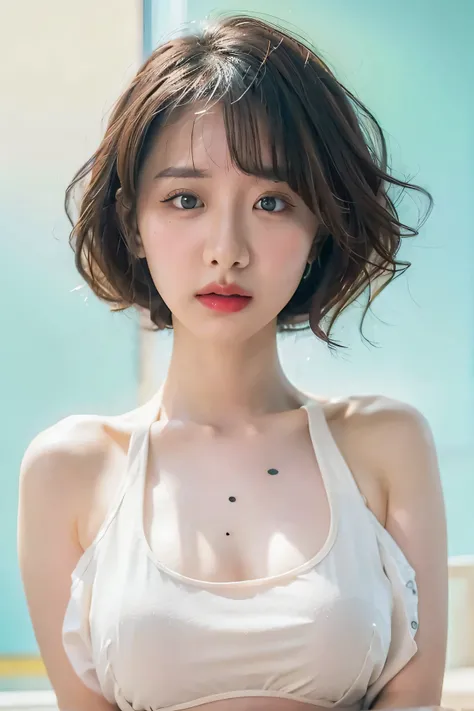 1girl, (perfect face), detailed pupils, feminine, ((large breasts)), white round tank top, looking at viewer, black hair, short hair, black eyebrows, thin eyebrows, green eyes, black eyeliners, blush, thick lips, red lips, shiny skin, blue background