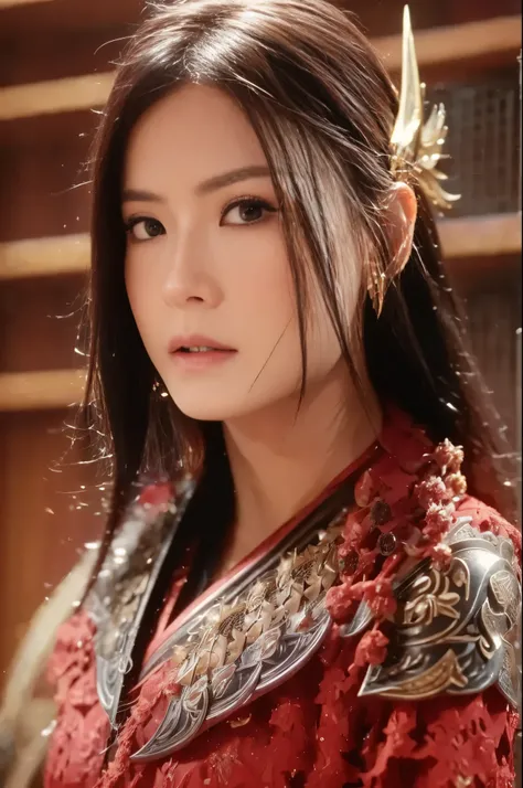 (((Realistic, masterpiece, best quality, crisp detail, high definition, high detail, sharp focus, perfect studio lightning))),  japanese girl wearing damaged armor, japan style armor, full body armor, full decorated armor, golden armor, long straight hair,...