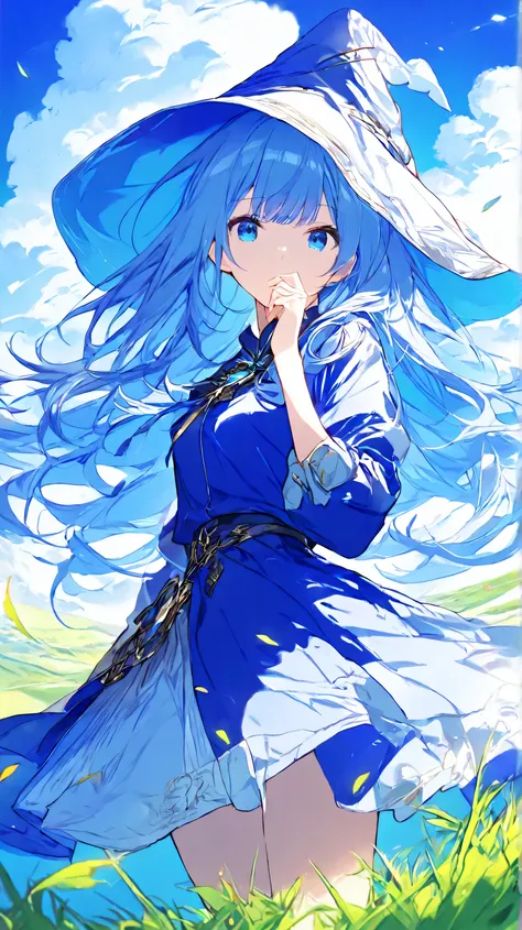 High Resolution, saturated color, very detailed, masterpiece, best quality, 1girl, focus at her face, detailed face, Long Hair, blue hair, full bangs hair, blue hair, deep blue eyes, blue shirt, blue witch cloack, white long socks, short blue skirt, Looki...