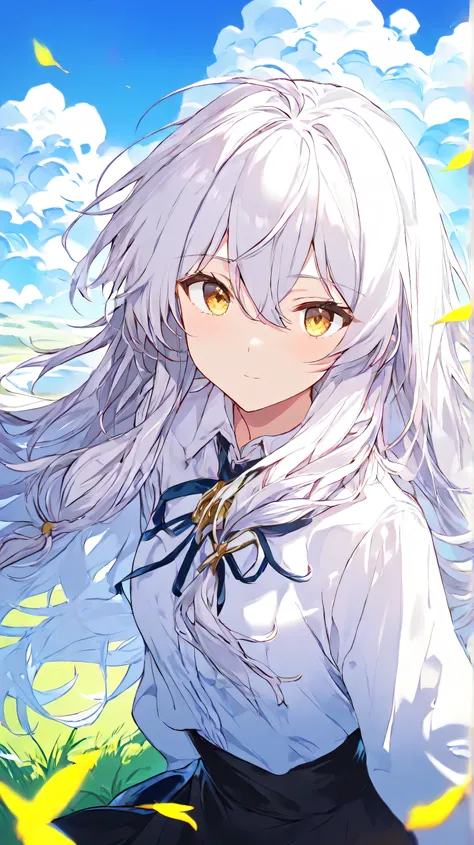 High Resolution, saturated color, very detailed, masterpiece, best quality, 1girl, elaina, Long Hair, silver hair, full bangs hair, silver hair, golden eyes, white shirt, short black skirt, Looking at viewer, at grass field, blue day sky, Columbus clouds,...