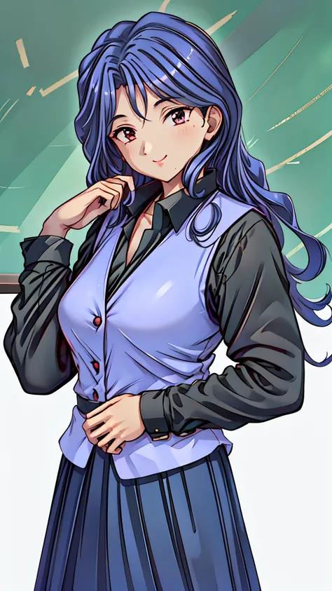 (super quality,super high resolution,16k,Super Masterpiece,Ultra HD ,detailed shading and background,)Sexy Female Teacher ,long black hair, long sleeve black shirt,Purple vest,The Valley of the Chest,black skirt,cover,smile,in front of the blackboard,