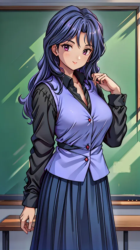 (super quality,super high resolution,16k,Super Masterpiece,Ultra HD ,detailed shading and background,)Sexy Female Teacher ,long black hair, long sleeve black shirt,Purple vest,The Valley of the Chest,black skirt,cover,smile,in front of the blackboard,