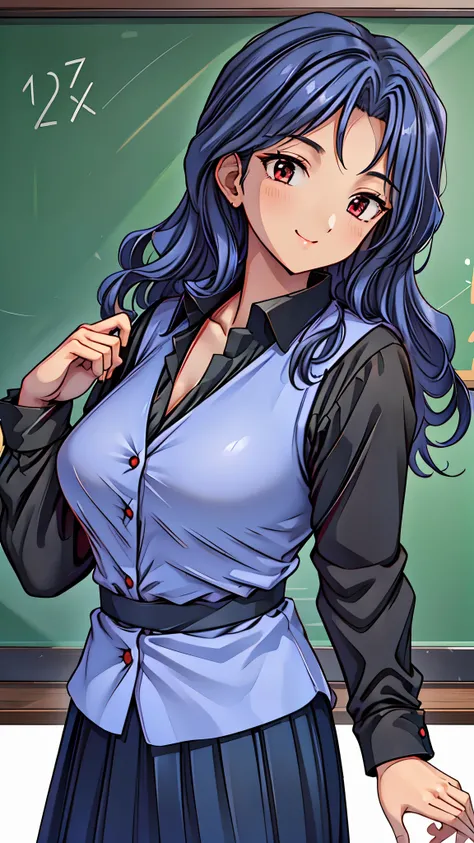 (super quality,super high resolution,16k,Super Masterpiece,Ultra HD ,detailed shading and background,)Sexy Female Teacher ,long black hair, long sleeve black shirt,The Valley of the Chest,cover,smile,in front of the blackboard,