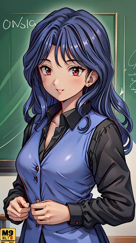 (super quality,super high resolution,16k,Super Masterpiece,Ultra HD ,detailed shading and background,)Sexy Female Teacher ,long black hair, long sleeve black shirt,The Valley of the Chest,cover,smile,in front of the blackboard,