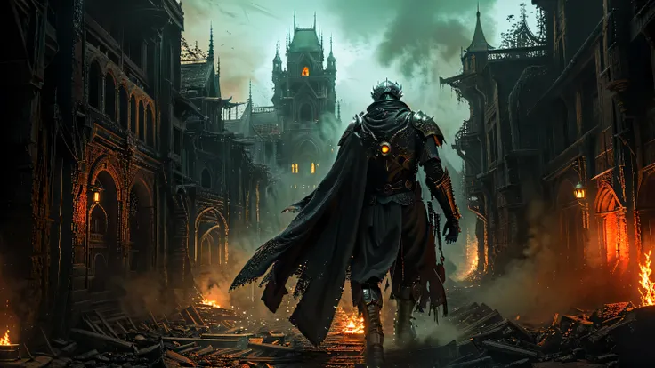 Among the forgotten ruins of an ancient city, a robotic steampunk rider walks alone. } His iron and brass armor shines under the orange light of dusk, while his cape wears off fluffs in the wind. Each heavy step echoes through the deserted streets, accompa...