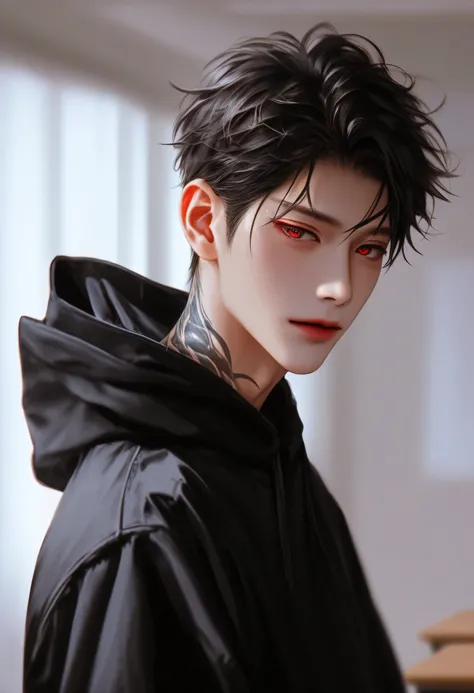 a boy,School Classroom Background,Stand Up Straight,红色hair,Korean comic style,hair, red eyes,Young and energetic, Good condition ,loose black hoodie,Strong , Very handsome, Smooth skin , Very handsome脸瓜子脸,Tattoo,wet hairstyle ,Charming Eyes, Very handsome...